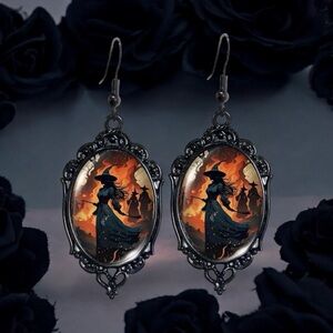 Vintage Style Witch-Themed Black Lace Drop Earrings with‎ Glass Accents